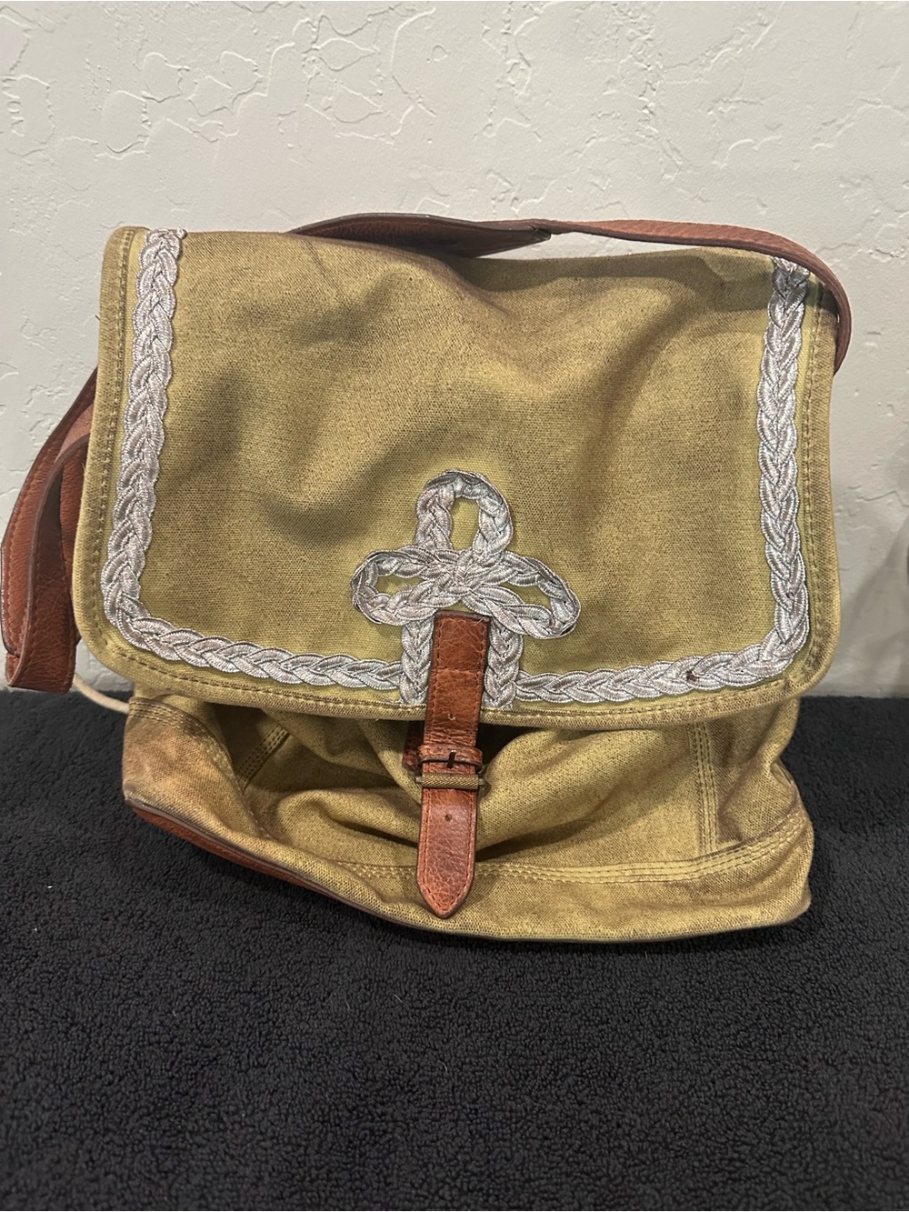 Free People Canvas Messenger Bag in Olive with Leather Strap